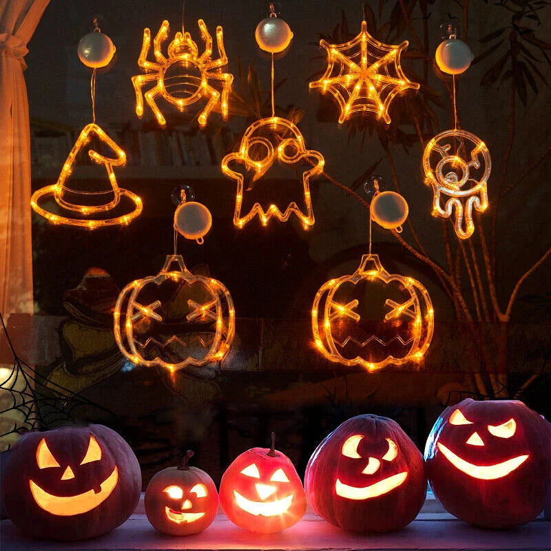 Halloween Window Hanging LED Lights with spooky designs of spiders, pumpkins, and ghosts