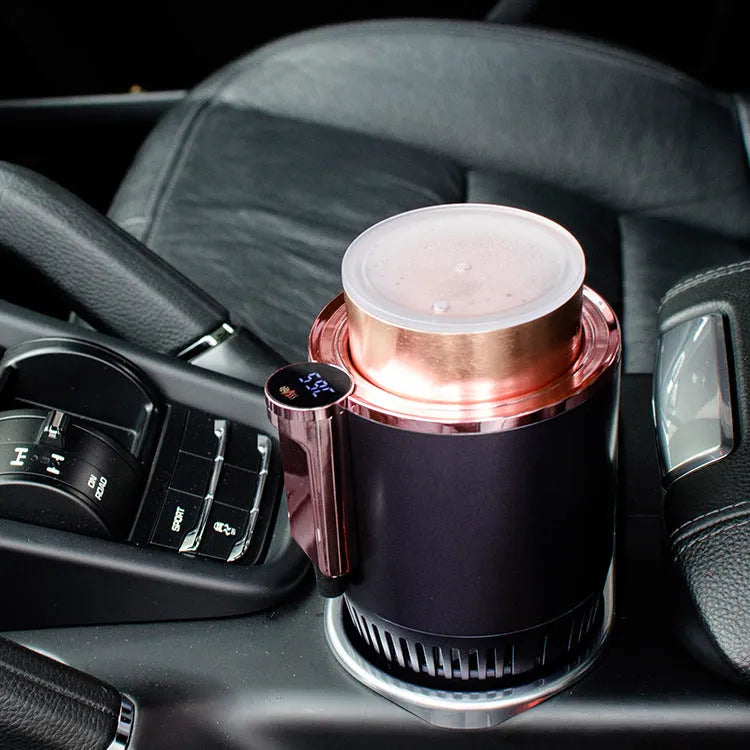 Black 12V car heating and cooling cup with digital temperature display in vehicle cup holder