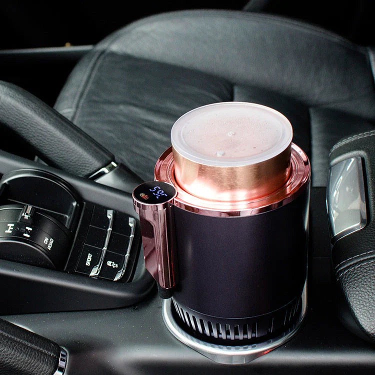 Versatile car cup holder with cooling and heating capabilities, digital temperature display, and universal fit for various beverage sizes