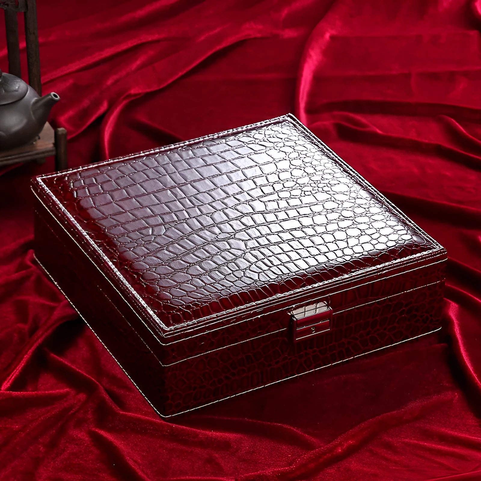 Leather crocodile pattern double layer jewelry storage box with lock in multiple colours.