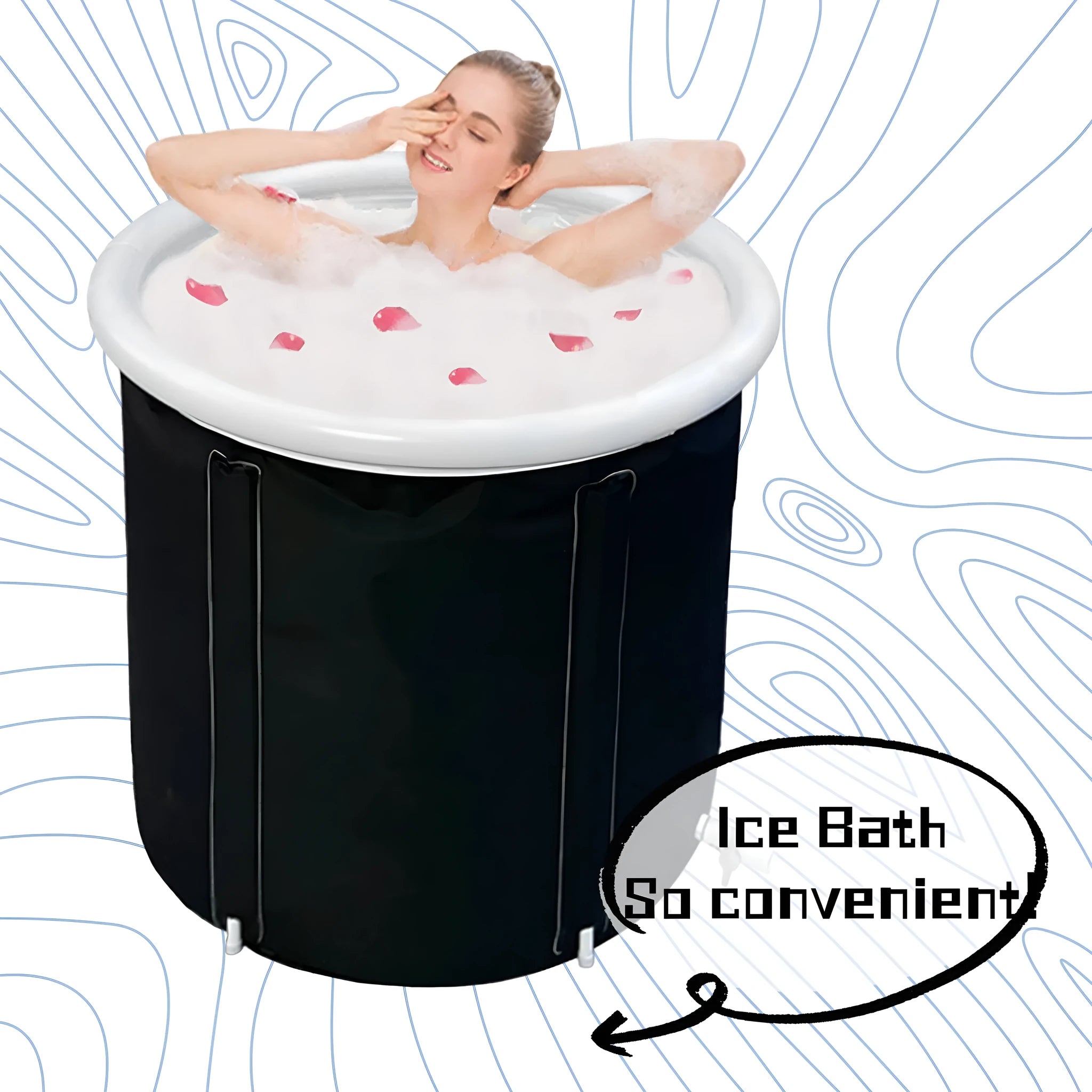 Black portable inflatable ice bath tub measuring 70x80cm with weather lid and drainage components