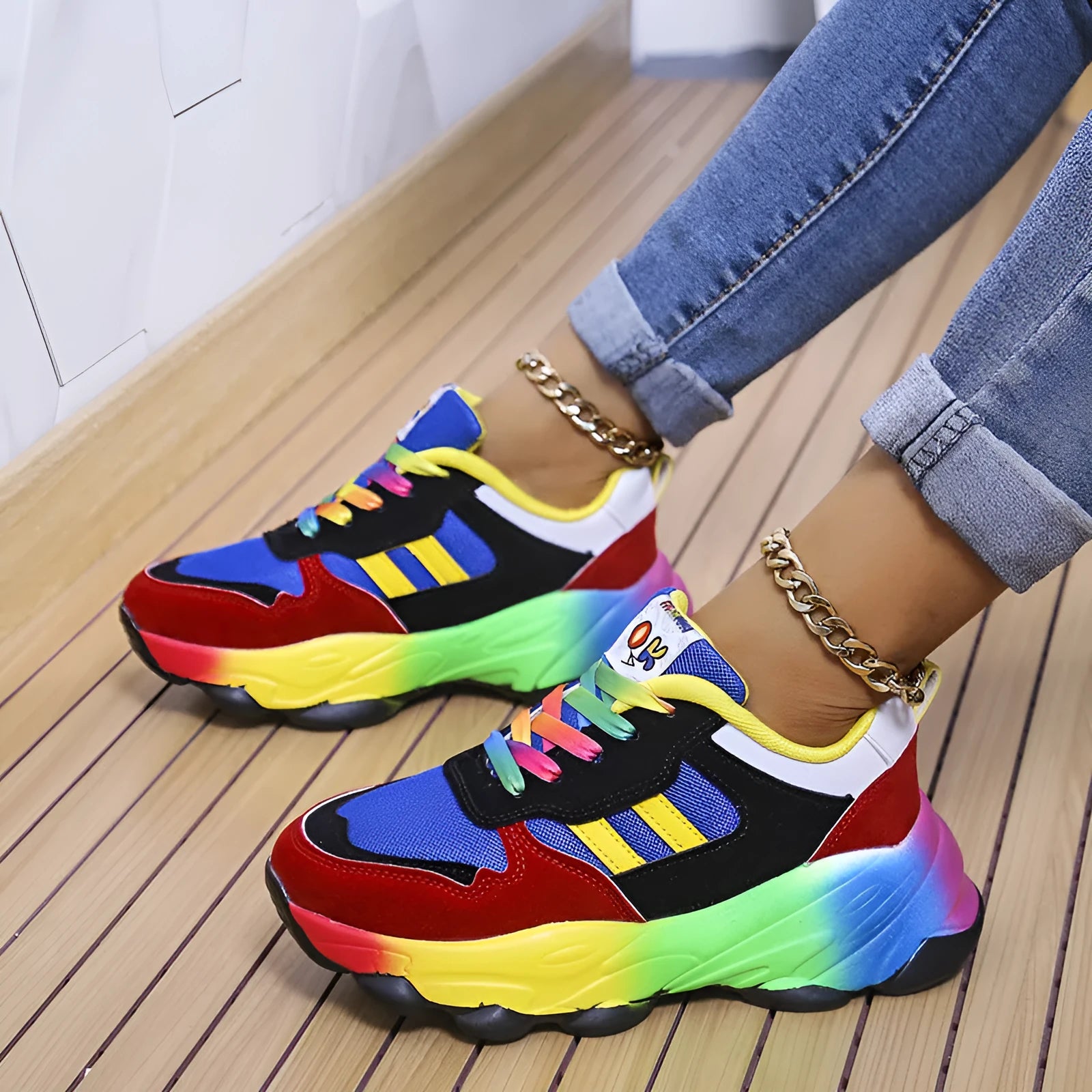 Women's thick sole front lace-up sneakers in colour block green and blue with round toe and rubber sole
