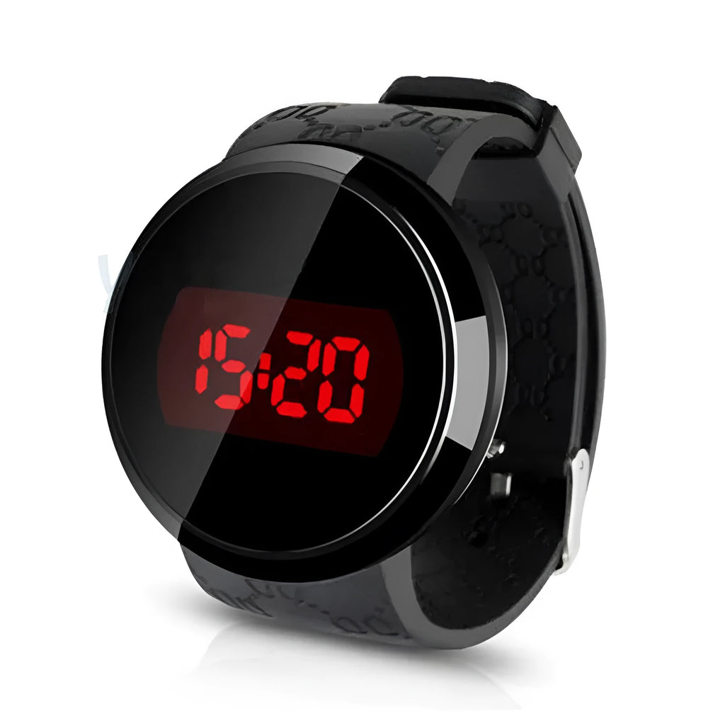 Round LED electronic watch with 11mm case, glass mirror, alloy base, and PU strap in white or black