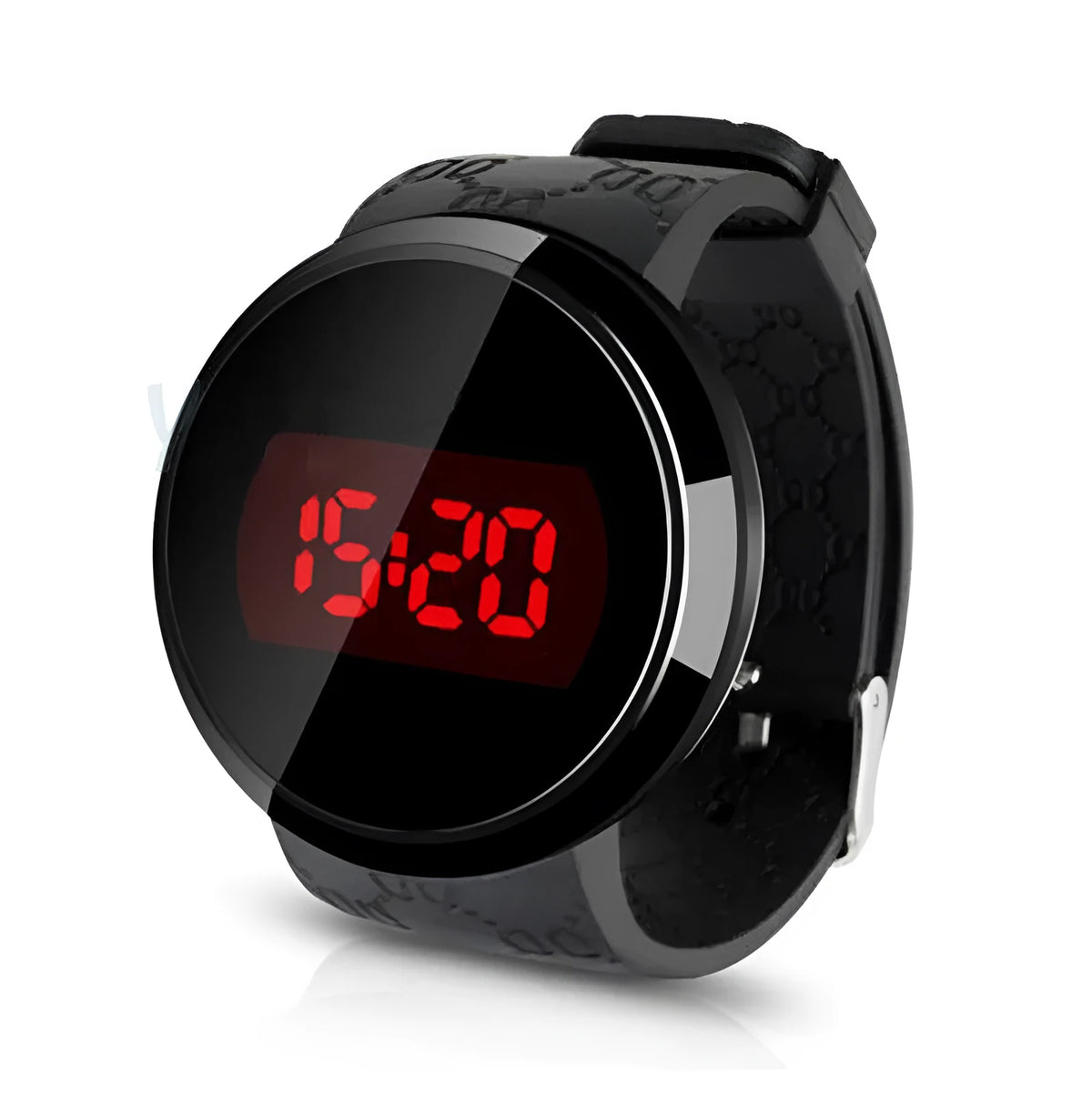 Round LED electronic watch with 11mm case, glass mirror, alloy base, and PU strap in white or black