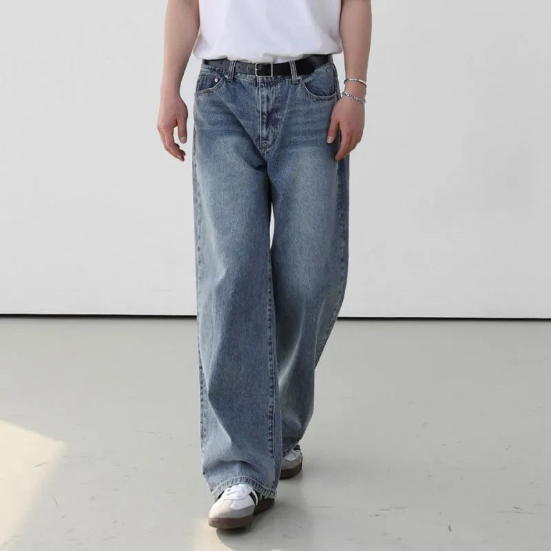Men's retro washed blue jeans, cotton mid waist trousers, casual leisure pants, sizes M to 2XL
