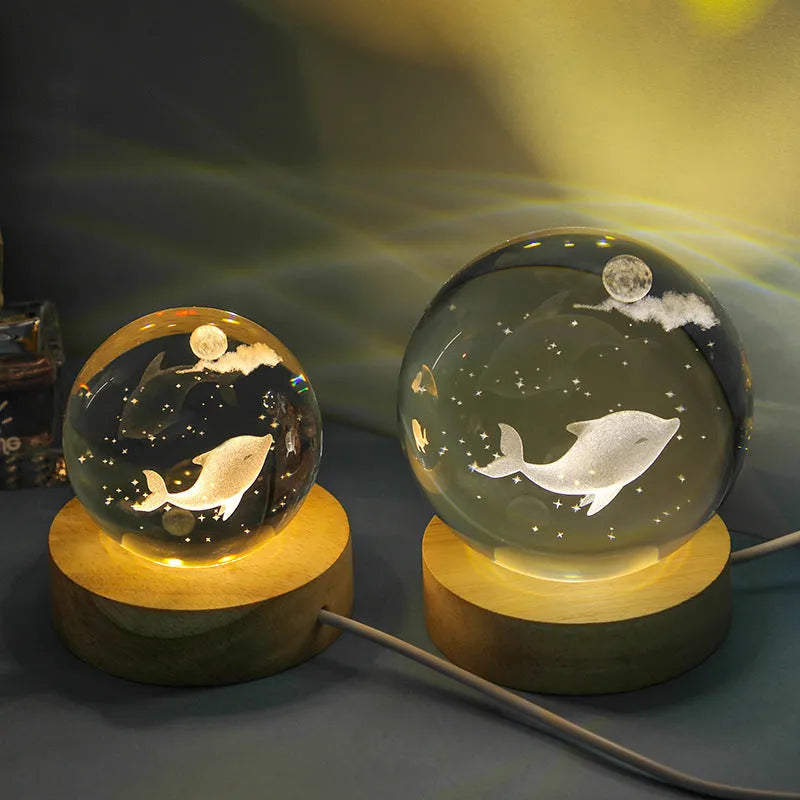 Transparent crystal ball night lamp with carved jellyfish design and USB cable
