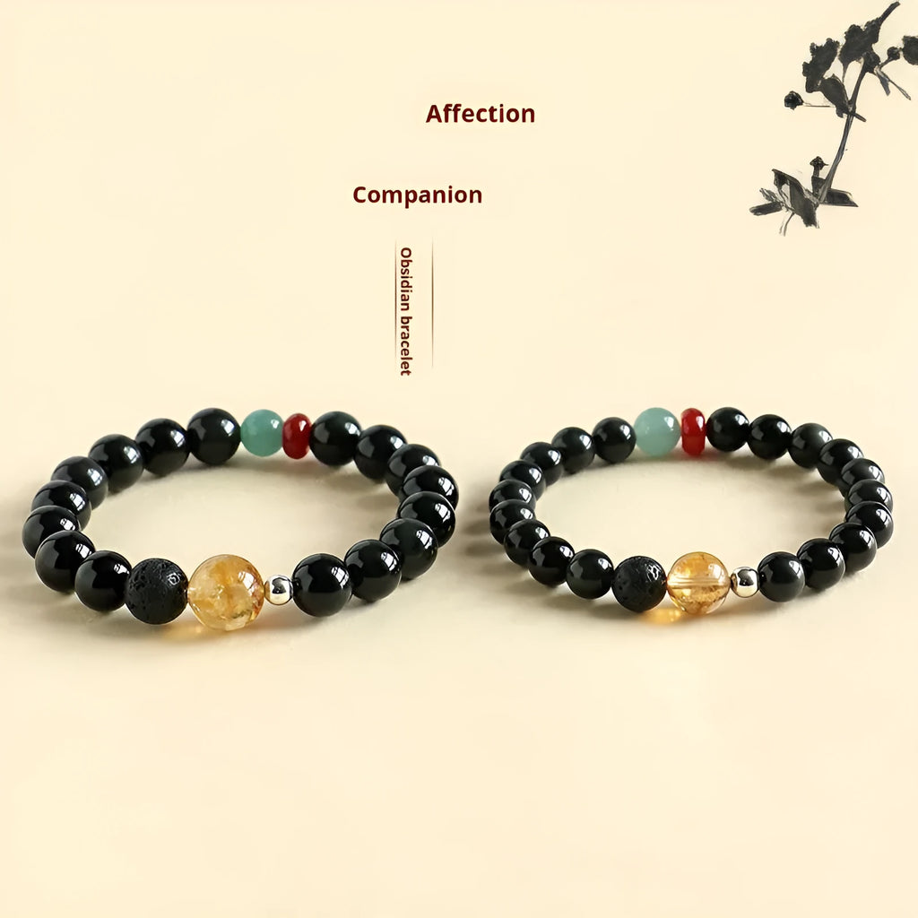 Chinese style obsidian yellow tower crystal agate jade bracelet in 8mm or 10mm bead sizes
