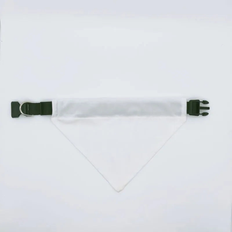 Blank white polyester dog bandana scarf laid flat, showing its triangular shape.