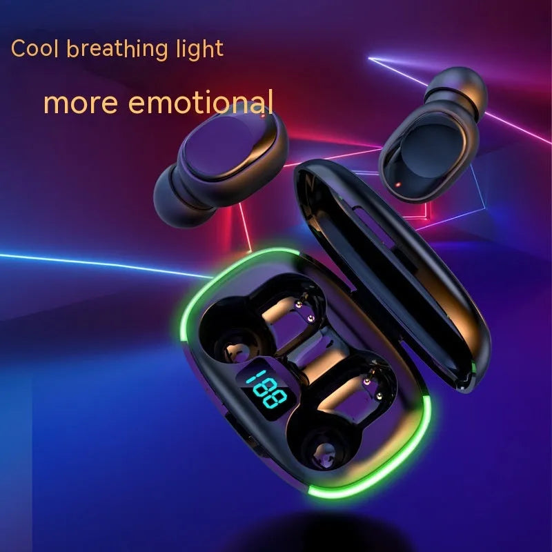 Black Y80 wireless Bluetooth in-ear earphones showing digital power display screen