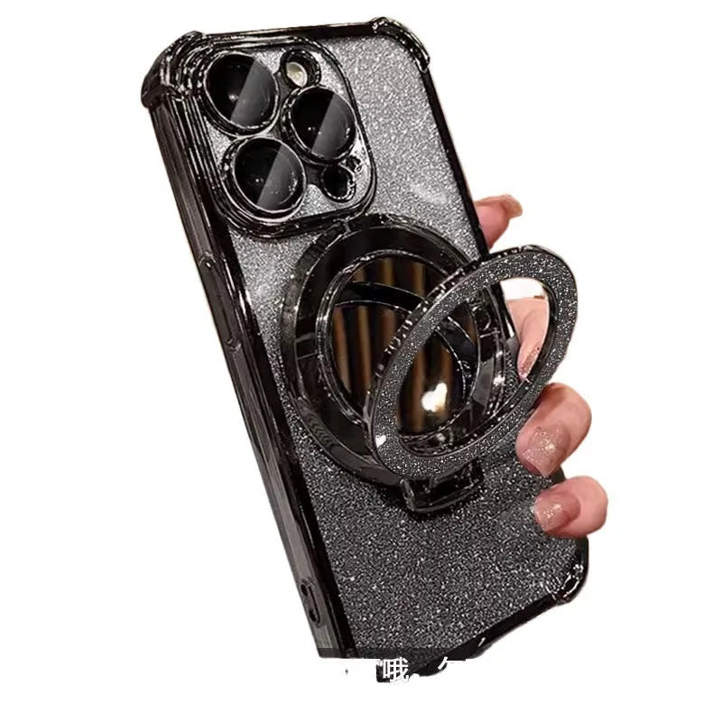 Glitter electroplated drop-resistant phone case for iPhone 16 with folding bracket and mirror finish in black