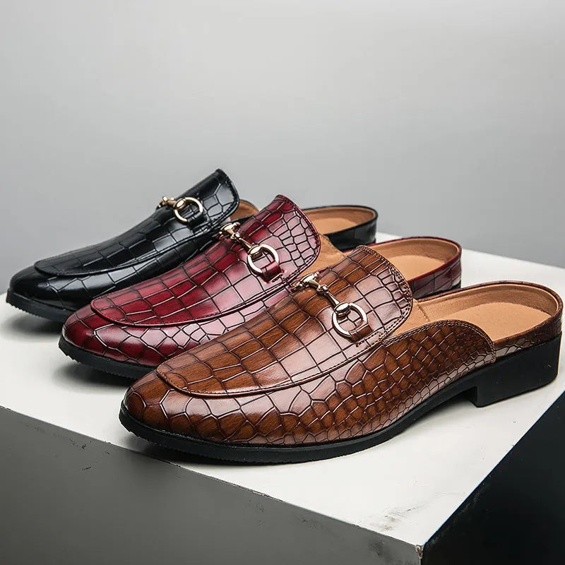 Men's lazy semi slipper leather shoes in black with artificial PU upper, side view