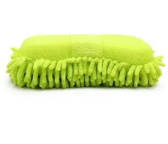 Silvery green rectangular car wash sponge measuring 14 by 25 centimetres with textured chenille surface