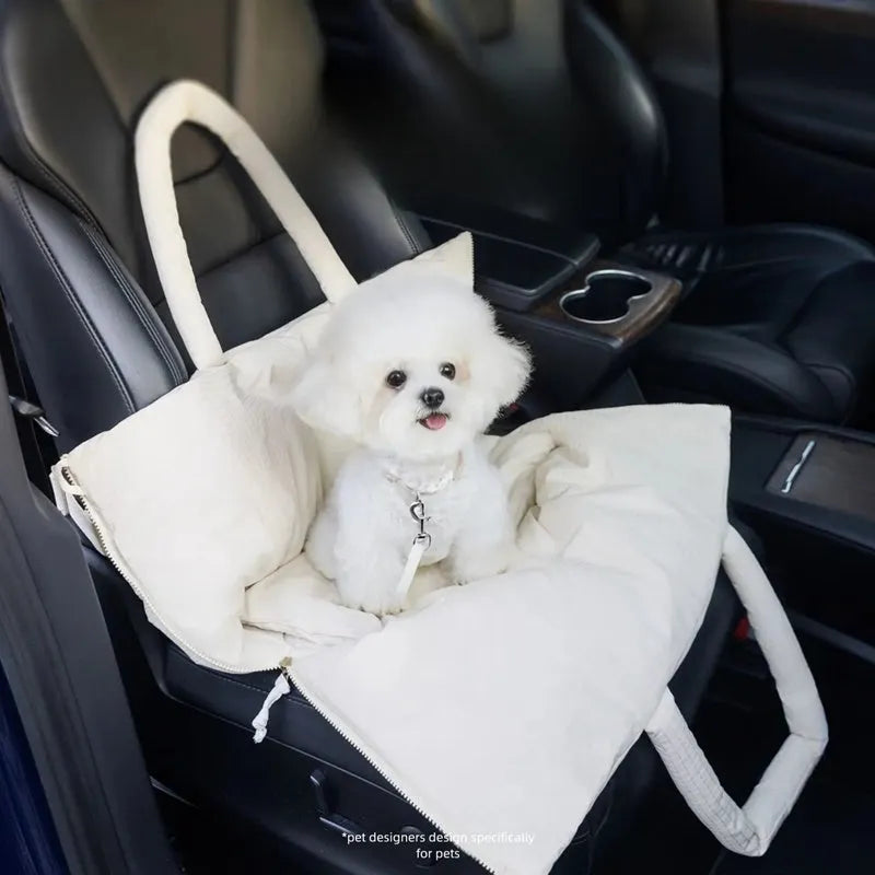 Dog car seat pet carrier with adjustable safety leash, plush waterproof fabric, Grey or White, sizes L and M
