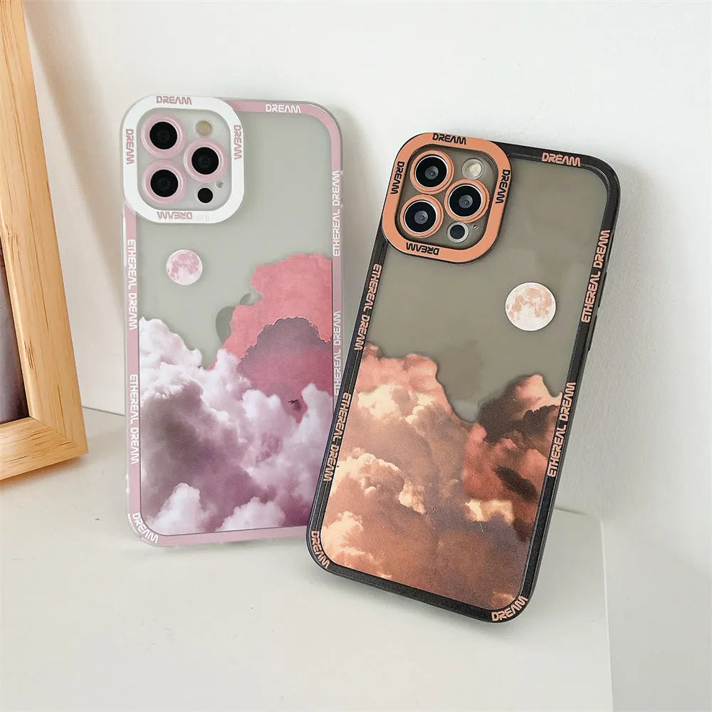 Sunset clouds design TPU protective case for iPhone on a blue background.