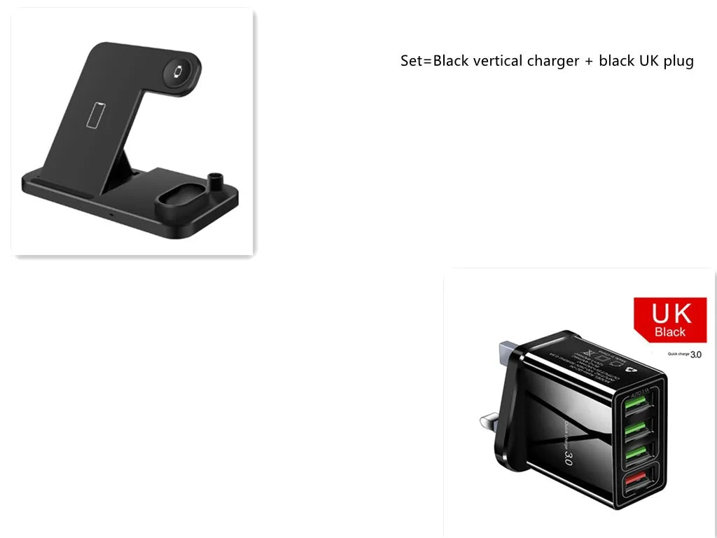 Black 4-in-1 wireless charging station with phone on adjustable stand, charging Apple Watch, AirPods, and Apple Pencil.