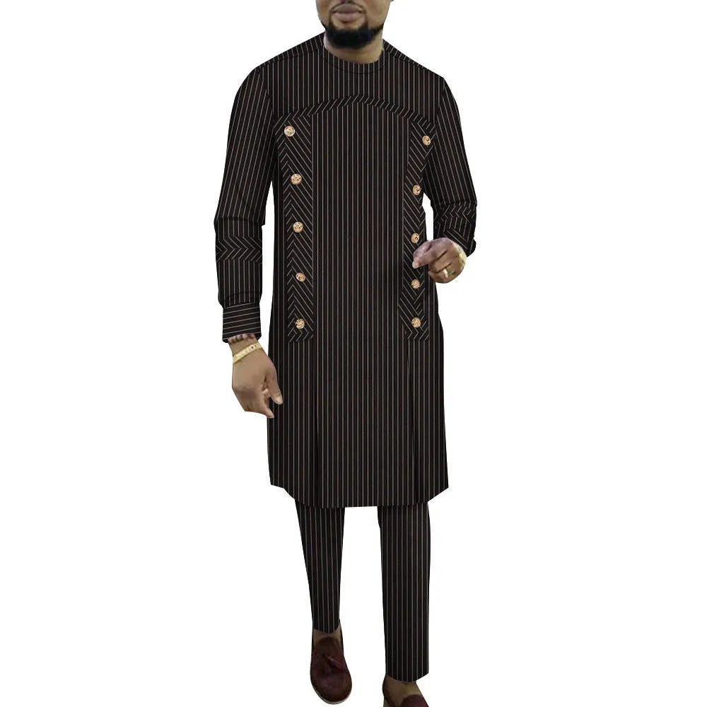 African striped cotton lounge set for men with long sleeve top and trousers