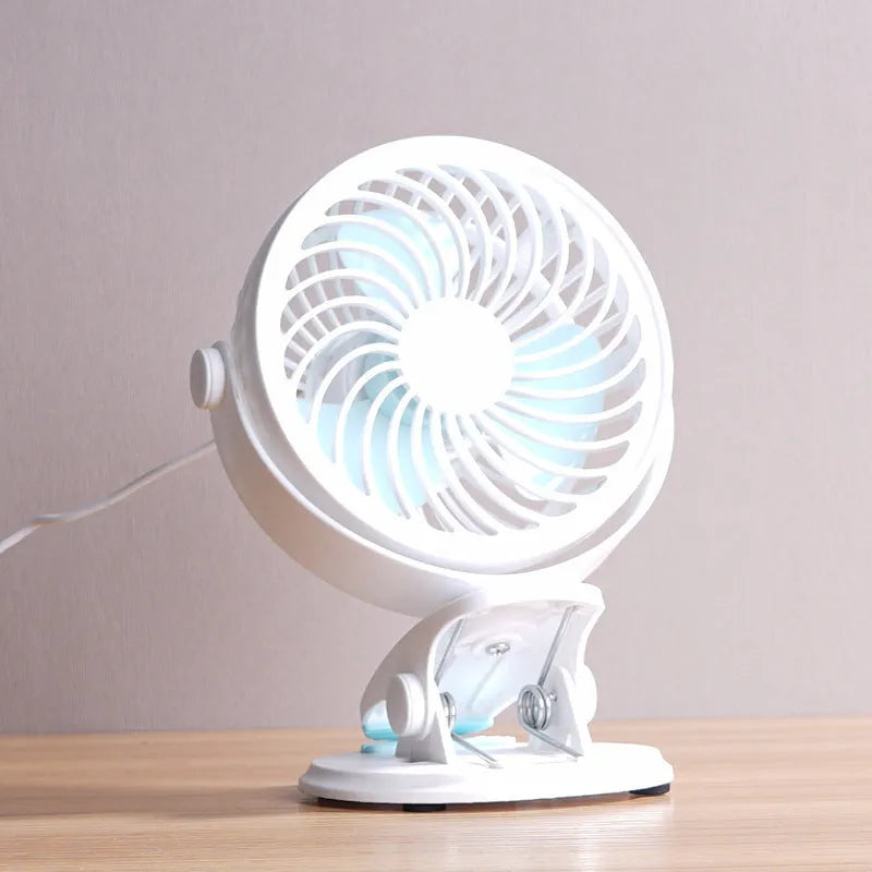 USB-powered portable desk fan showing clip and floor style options with compact design