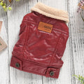 Red British-style PU leather dog coat with fleece lining for autumn and winter warmth on miniature pet