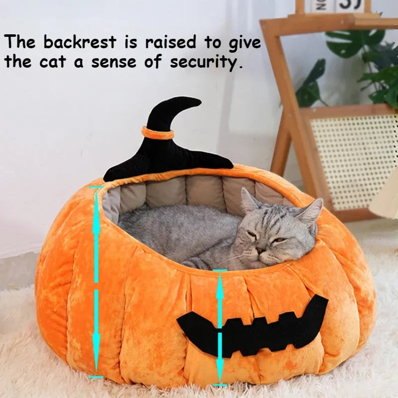 Halloween pumpkin design plush cat bed for cats and small dogs in orange colour.