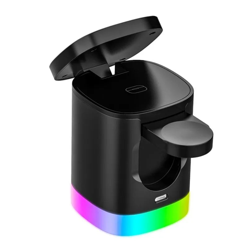 Black foldable 3 in 1 wireless charging station showing phone, watch, and earbuds charging simultaneously with RGB light