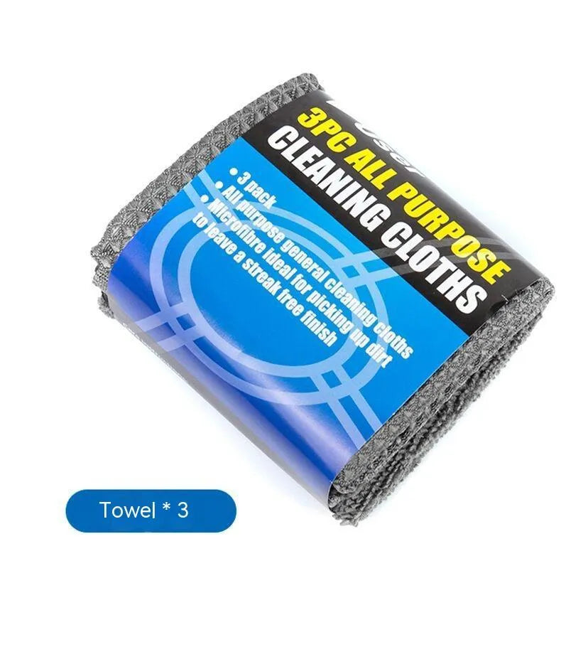 9-piece grey microfiber car wash cleaning set with gloves, sponge, tyre brush, wipes and towels