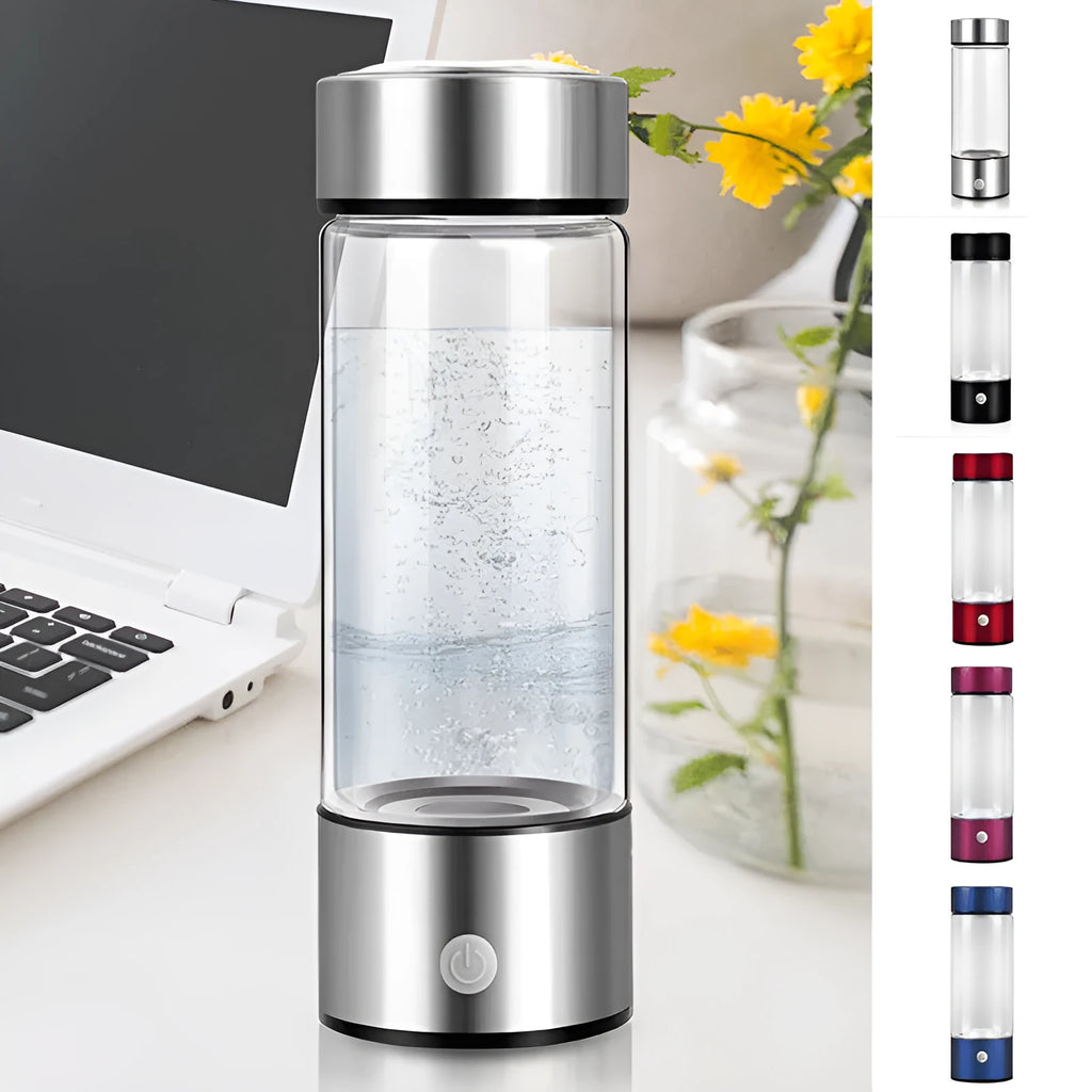 Silver electric hydrogen water bottle generator with borosilicate glass and rechargeable base