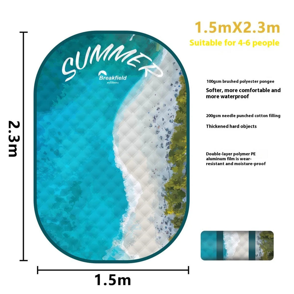 Large green waterproof picnic mat laid out on grass, showing its textured brushed fabric and size for multiple people.