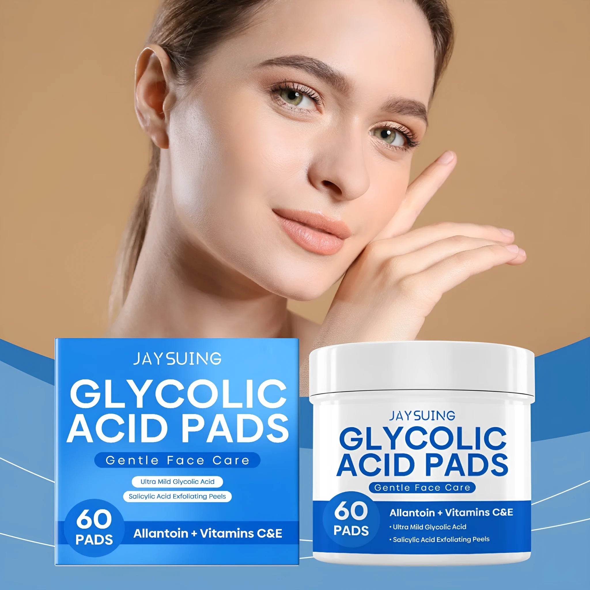 Pack of 60 glycolic acid pre-soaked exfoliating cotton cloth pads for skincare.