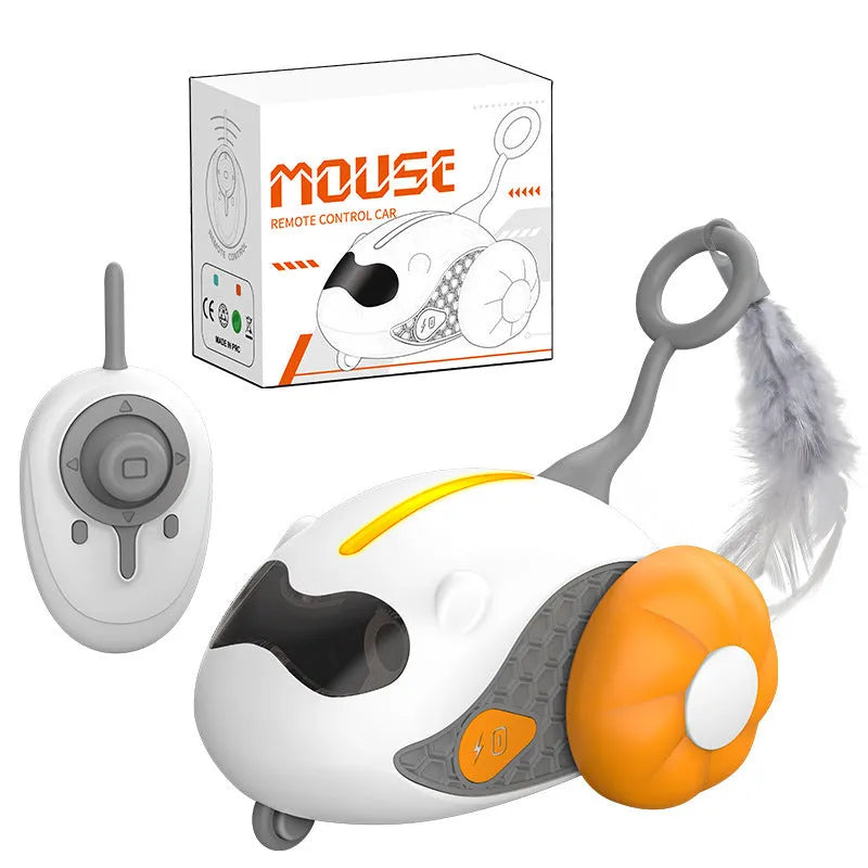 Blue and orange remote control cat teaser toy with feather attachments and USB charging cable