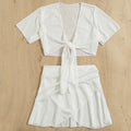 White two-piece women's swimsuit set with top and skirt, sun-proof beach dress style, sizes S M L