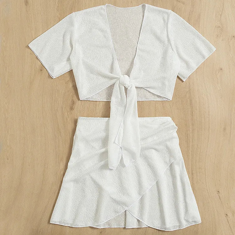 White two-piece women's swimsuit set with top and skirt, sun-proof beach dress style, sizes S M L