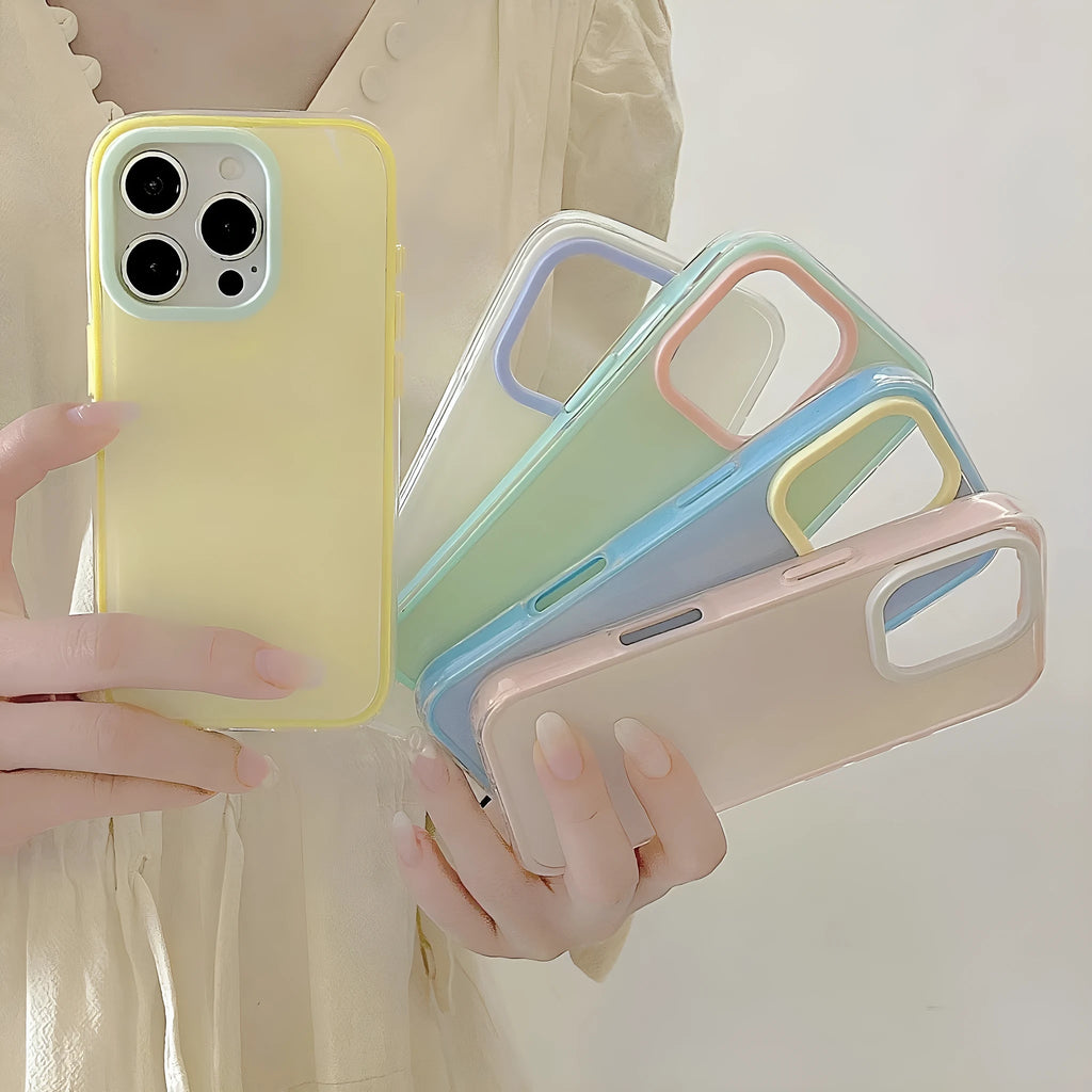 Clear jelly all-inclusive iPhone case in blue, white, yellow, pink and green colours for drop protection