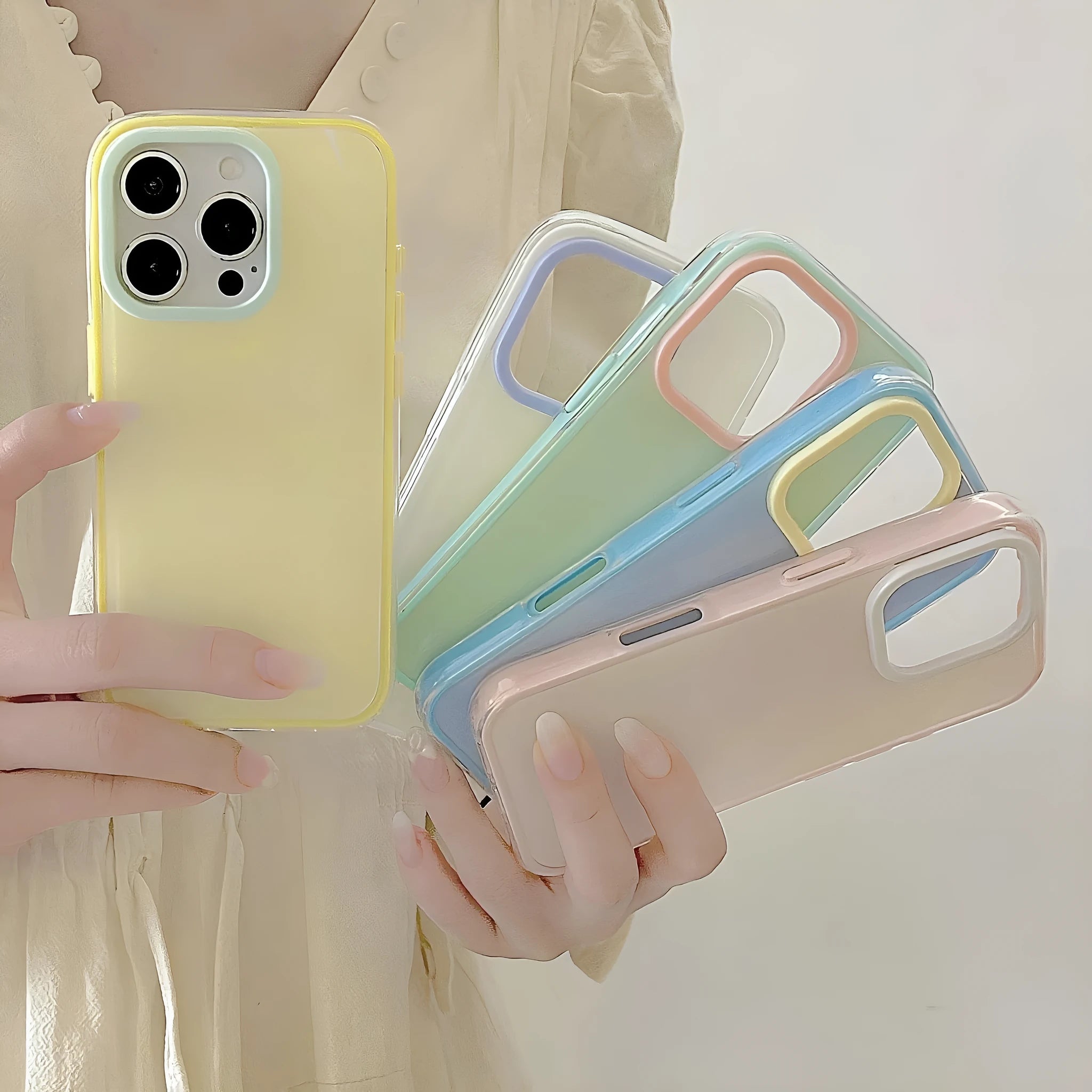 Clear jelly all-inclusive iPhone case in blue, white, yellow, pink and green colours for drop protection