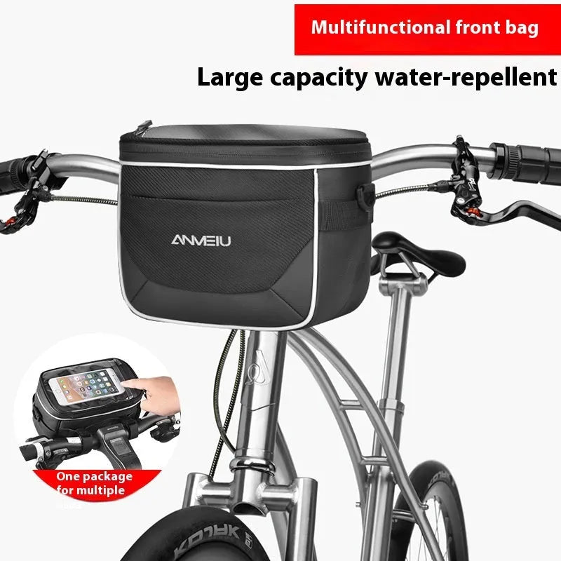 Black 7 inch polyester bicycle handlebar bag mounted on bike