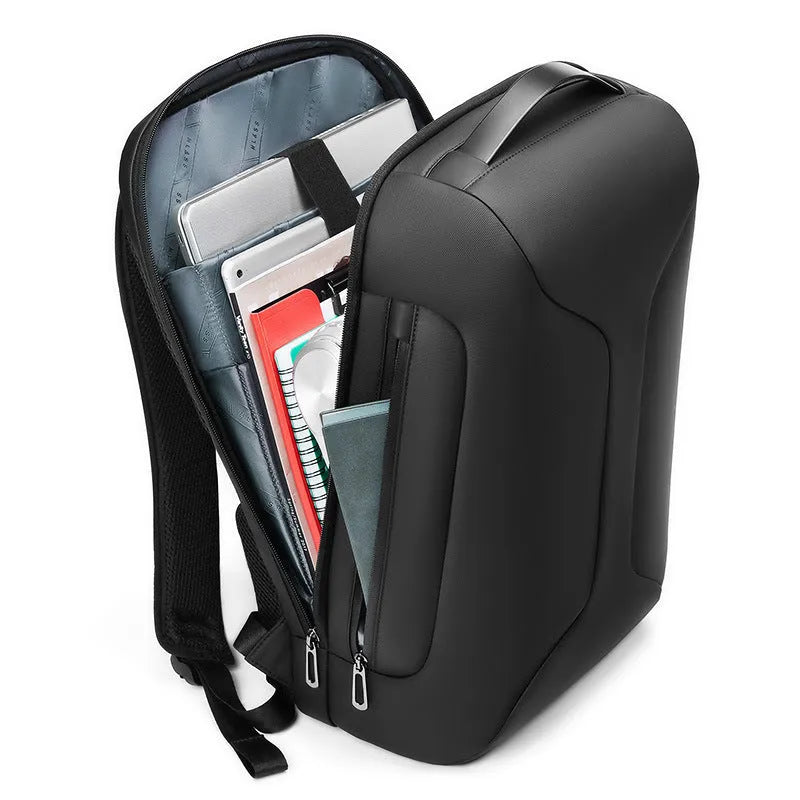 Men's solid-colour Oxford cloth business backpack with a breathable back panel and multiple organisational compartments.