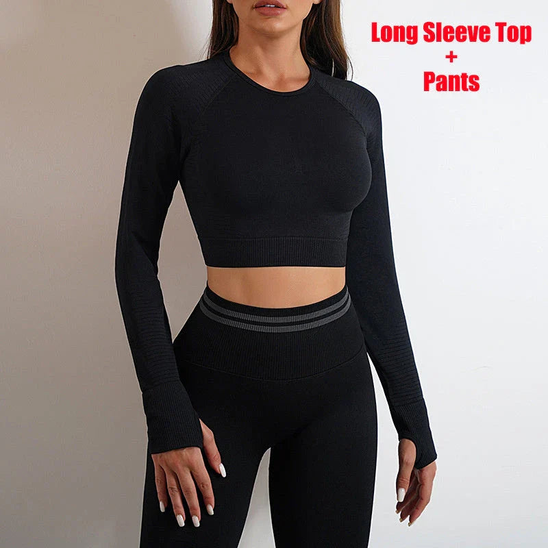 Premium seamless activewear collection featuring nylon tops, leggings, and suits in various colors