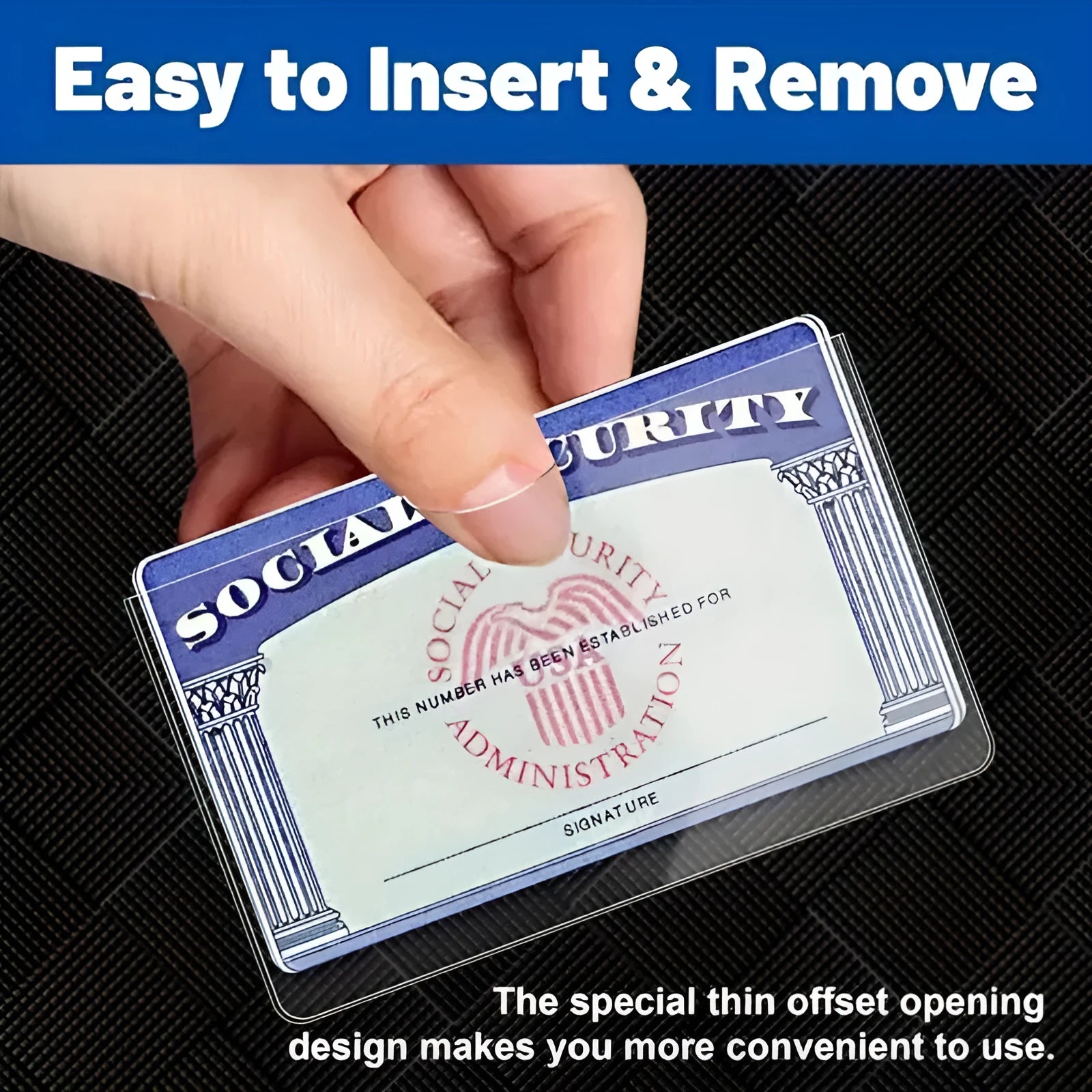 Transparent PVC social security card holder showing dimensions of 9.7 by 5.9 centimetres