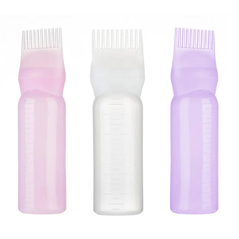 Hair dye bottle with comb-tooth applicator in 100g size, available in white purple and pink colour options