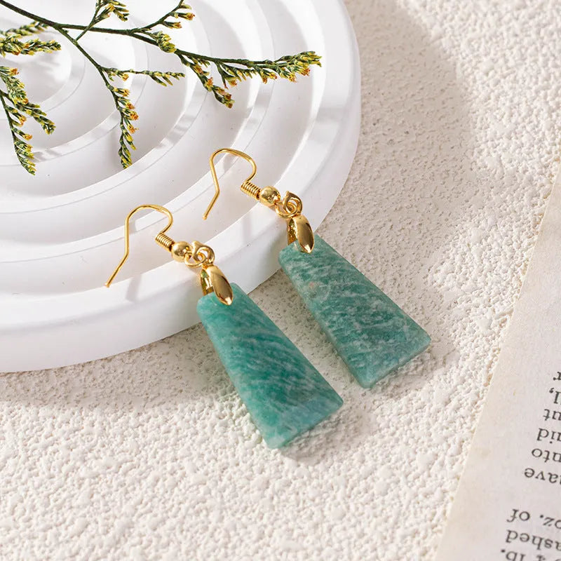 Amazonite rough stone trapezoid earrings in gold or silver with geometric octagon and quadrangle pastoral design.