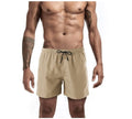Men's sports shorts in khaki with multiple pockets, straight leg, chemical fibre blend fabric