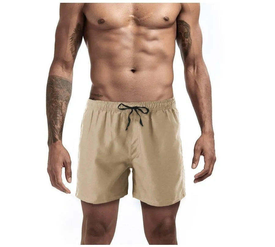Men's sports shorts in khaki with multiple pockets, straight leg, chemical fibre blend fabric