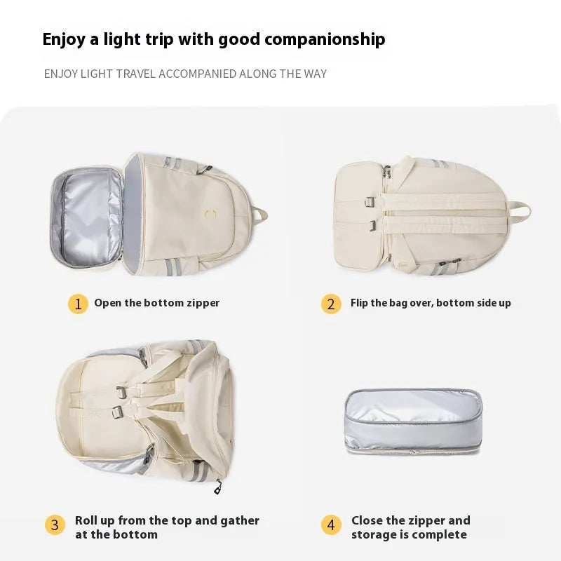 Large beige dry wet separation backpack with curved shoulder straps shown open to display compartments