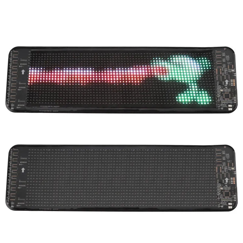 Black flexible LED screen for car rear windscreen with USB cable and Bluetooth control.
