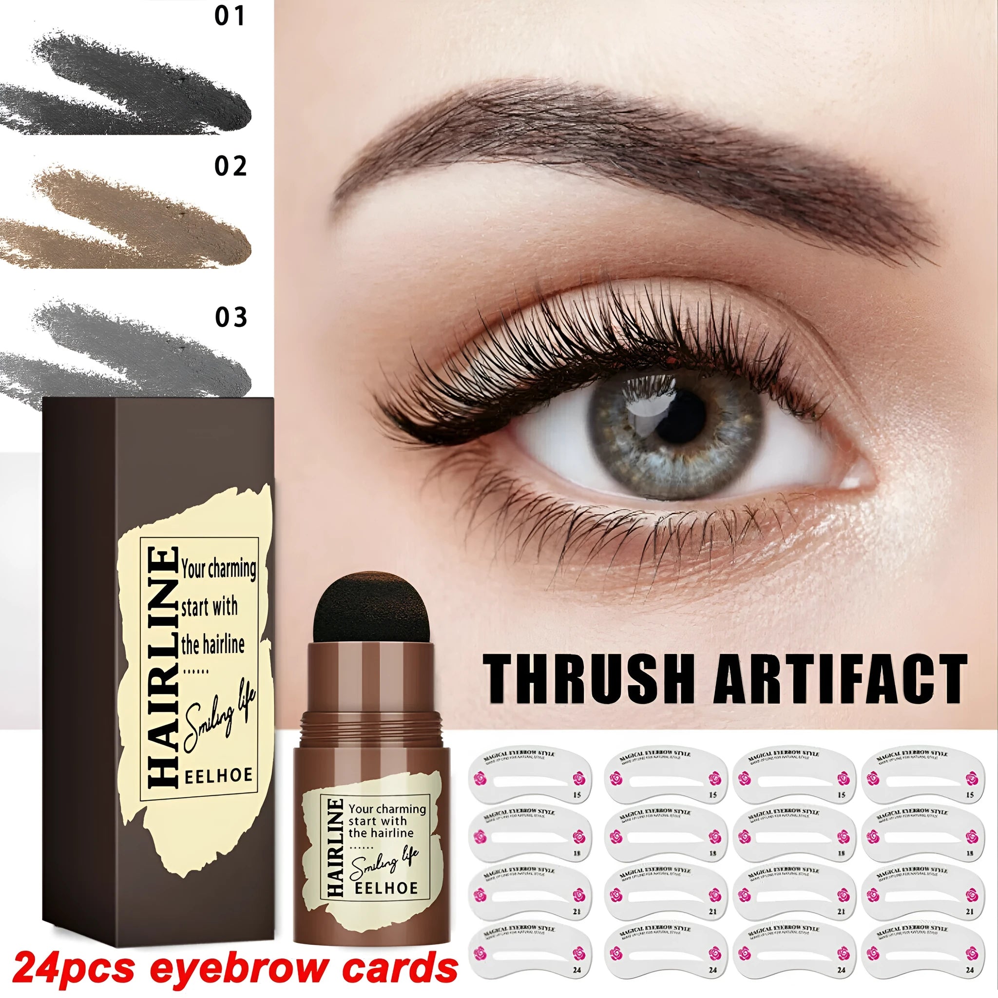 Eyebrow stamp stencil kit with 24 reusable cards, airbrush stamp, and long-lasting waterproof powder for natural brow shaping