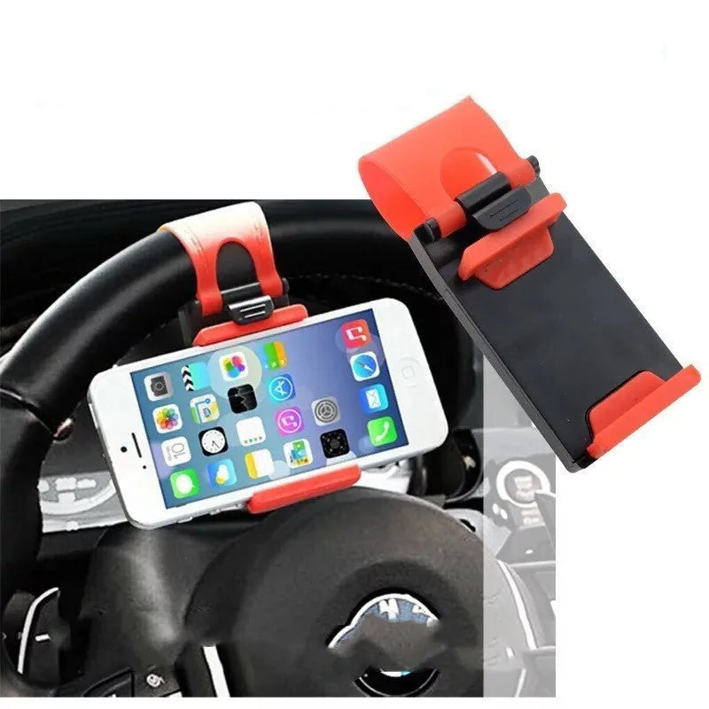 Black car steering wheel mobile phone holder showing compact ABS plastic construction