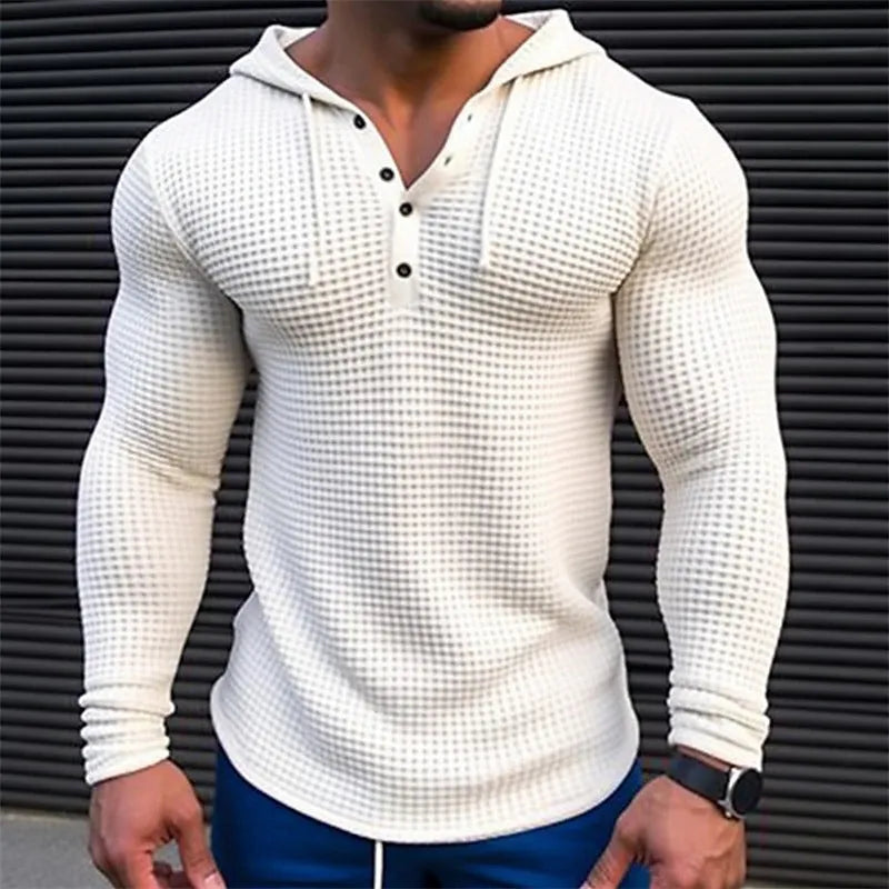 Men's pullover casual long sleeve waffle t-shirt in solid colour with hood, slim fit, front view