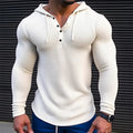 Men's pullover casual long sleeve waffle t-shirt in solid colour with hood, slim fit, front view