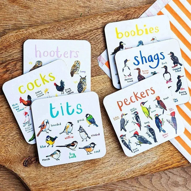 Square bird pun coasters, PVC drink mats 10x10x0.35 cm, 6 or 12 piece set with bird charts.