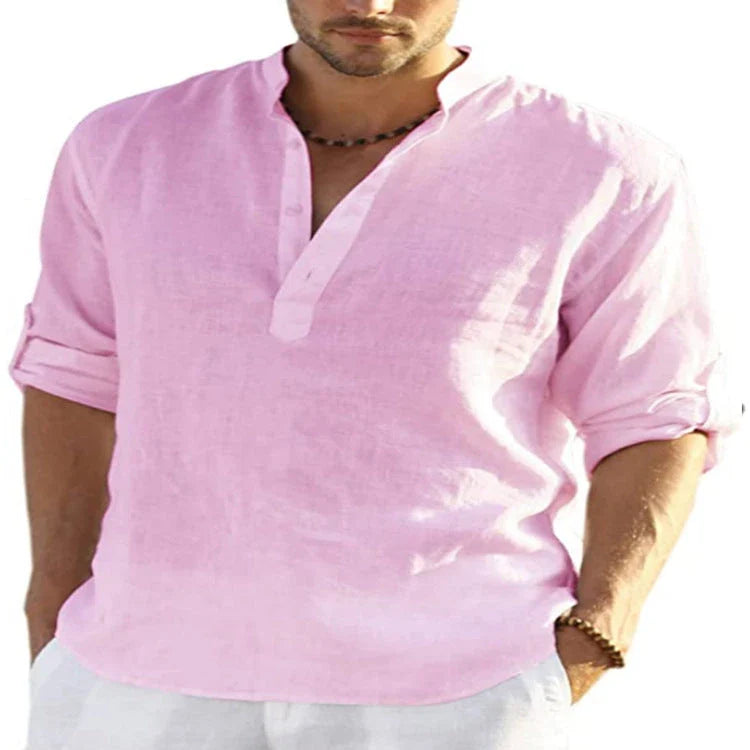 Stylish casual cotton and linen men's shirt with stand collar in various colors