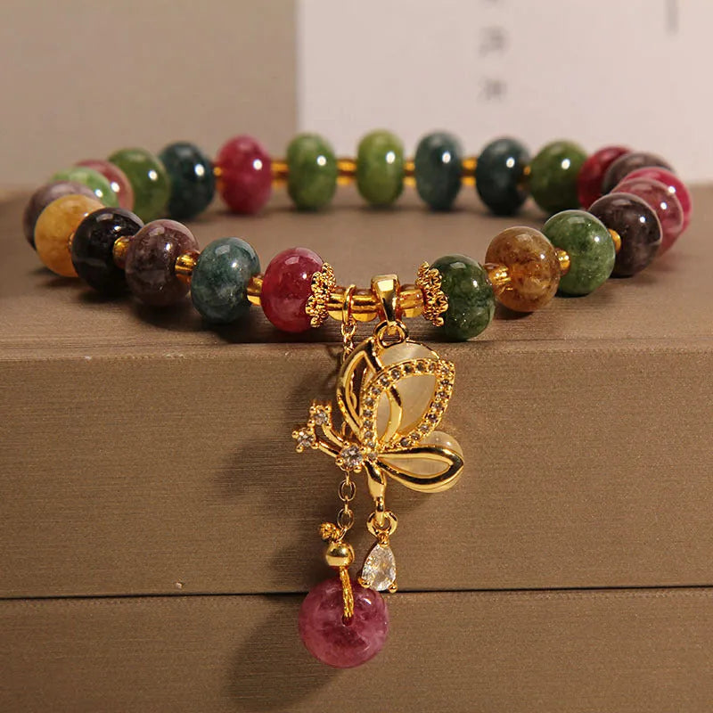 Colourful women's bracelet with alloy butterfly charm and tourmaline beads for casual wear